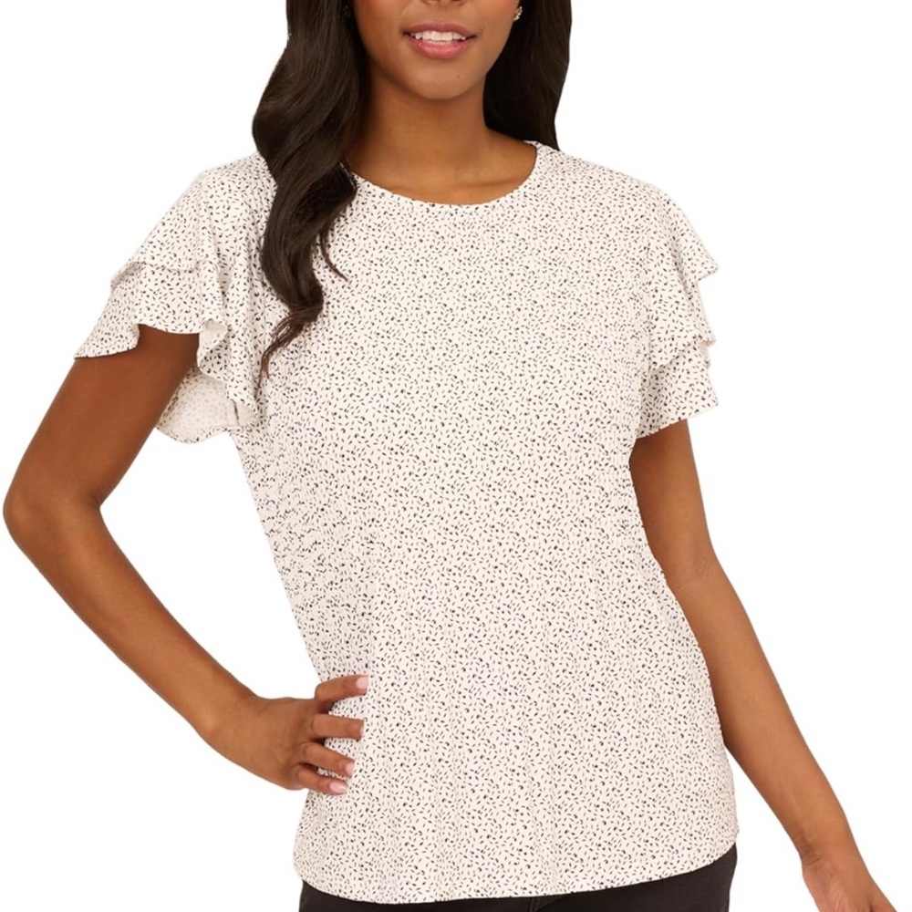 Adrianna Papell White Polka Dot Flutter Sleeve Pleated Blouse - Picture 4 of 9